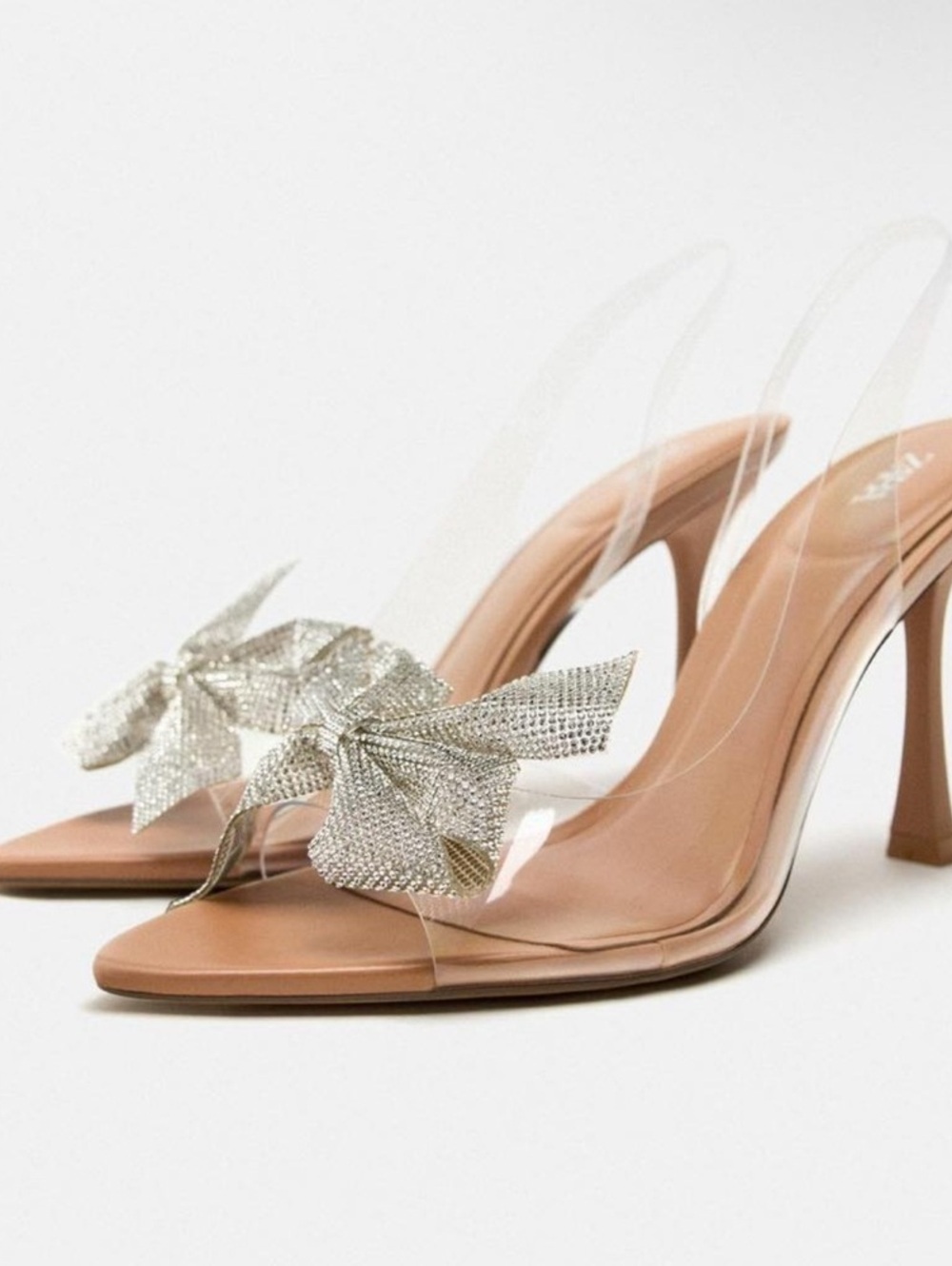 Zara Clear Vinyl Pointed Open Toe Embellished Bow Mule Heels